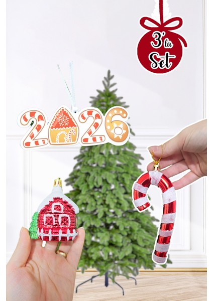 Yılbaşı Ağaç Süsleme Seti Karlı Ev, Baston Şeker Ve 2025 Yılbaşı Süs Ağaç Süsleme Seti 3lü Paket fırsatları
