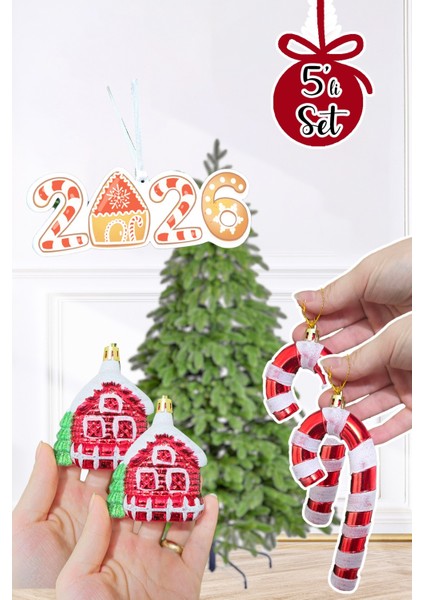 Yılbaşı Ağaç Süsleme Seti Karlı Ev, Baston Şeker Ve 2025 Yılbaşı Süs Ağaç Süsleme Seti Lüks 5li Paket fırsatları