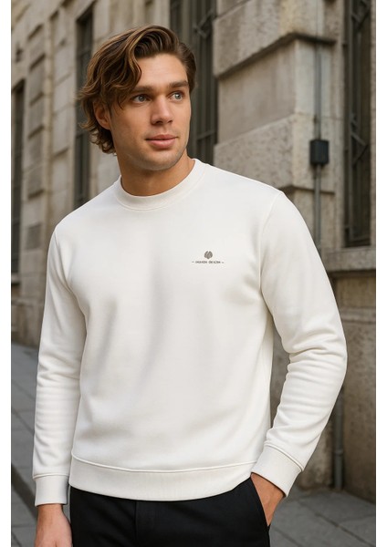 Erkek Desenli Kışlık Salaş Rahat Beyaz Sweatshirt