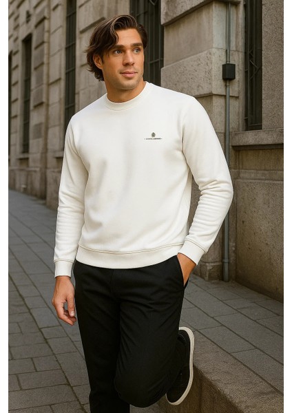 Erkek Desenli Kışlık Salaş Rahat Beyaz Sweatshirt