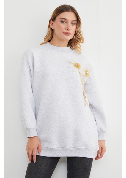 3 Iplik Çiçek Aksesuarlı Oversize Tunik
