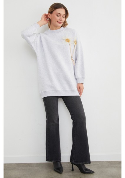 3 Iplik Çiçek Aksesuarlı Oversize Tunik