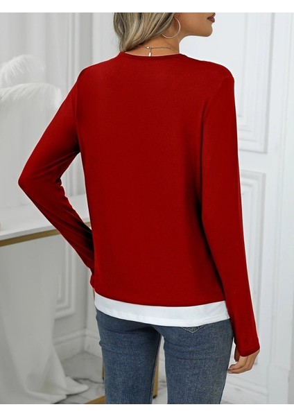 Kadın Uzun Kollu V Yakalı Çift Renkli Viskon Iki Iplik Bluz