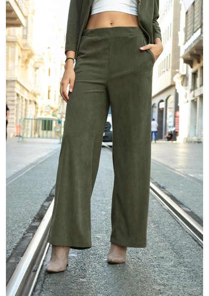 Kadın Kadife Likralı Esnek Yumuşak Dokulu Yüksek Bel Yan Cepli Bol Paça Palazzo Pantolon-Haki