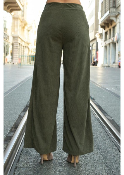 Kadın Kadife Likralı Esnek Yumuşak Dokulu Yüksek Bel Yan Cepli Bol Paça Palazzo Pantolon-Haki