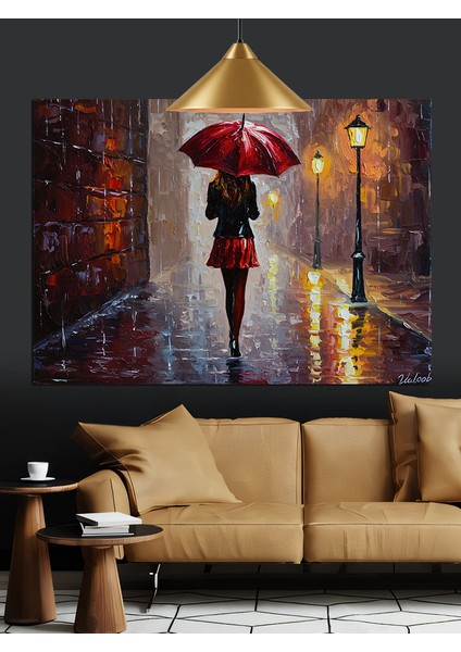 Yağmurda Kırmızı Şemsiyeli Kadın Dekoratif Kanvas - Mdf Ahşap Tablo