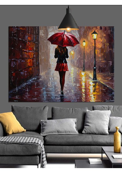 Yağmurda Kırmızı Şemsiyeli Kadın Dekoratif Kanvas - Mdf Ahşap Tablo fiyatları