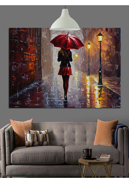 Yağmurda Kırmızı Şemsiyeli Kadın Dekoratif Kanvas - Mdf Ahşap Tablo modelleri