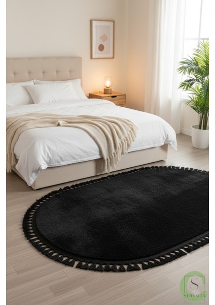 Post/peluş Yıkanabilir Kaymaz Taban Yumşacık Siyah Oval Örgü Saçaklı Modern ve Şık Salon Oturma Odası Mutfak Çocuk Odası Koridor Antre Halısı