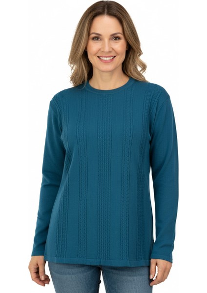 Kadın Kışlık Kendinden Motifli Yuvarlak Yaka Normal Kesim Likralı Pamuklu Kardelen Dokuma Anne Kazak