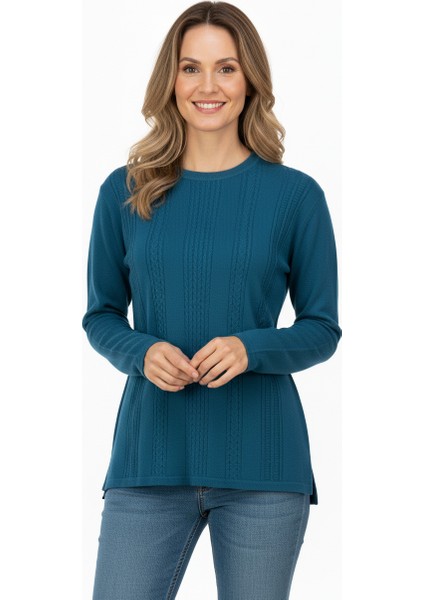 Kadın Kışlık Kendinden Motifli Yuvarlak Yaka Normal Kesim Likralı Pamuklu Kardelen Dokuma Anne Kazak modelleri