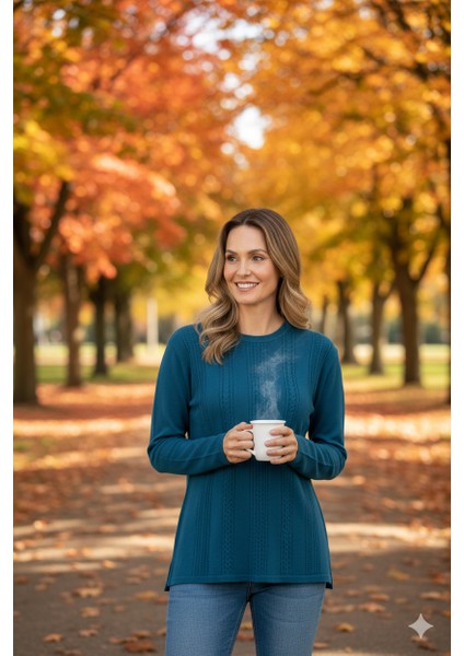 Kadın Kışlık Kendinden Motifli Yuvarlak Yaka Normal Kesim Likralı Pamuklu Kardelen Dokuma Anne Kazak fırsatları