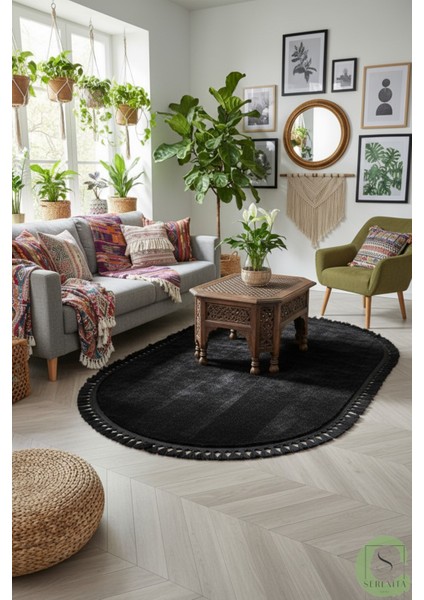 Post/peluş Yıkanabilir Kaymaz Taban Yumşacık Siyah Oval Örgü Saçaklı Modern ve Şık Salon Oturma Odası Mutfak Çocuk Odası Koridor Antre Halısı fırsatları