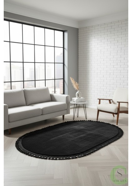 Post/peluş Yıkanabilir Kaymaz Taban Yumşacık Siyah Oval Örgü Saçaklı Modern ve Şık Salon Oturma Odası Mutfak Çocuk Odası Koridor Antre Halısı indirimleri