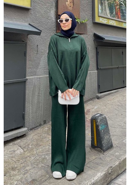 Selanik Pantalonlu Tesettür Takım Zümrüt Yeşili
