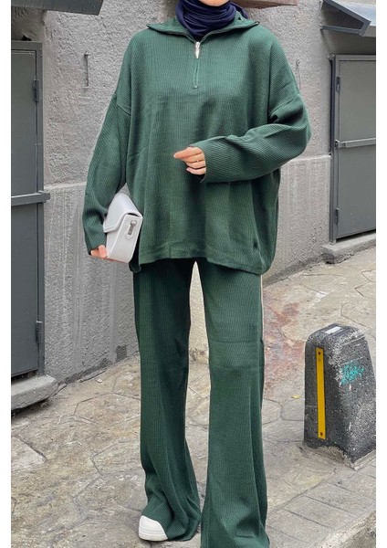 Selanik Pantalonlu Tesettür Takım Zümrüt Yeşili modelleri