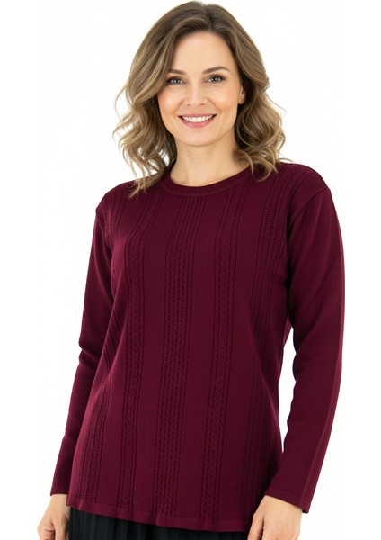 Kadın Kışlık Kendinden Motifli Yuvarlak Yaka Normal Kesim Likralı Pamuklu Kardelen Dokuma Anne Kazak