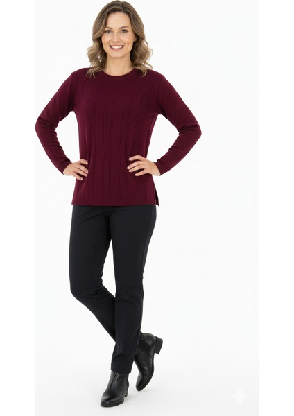 Kadın Kışlık Kendinden Motifli Yuvarlak Yaka Normal Kesim Likralı Pamuklu Kardelen Dokuma Anne Kazak fiyatları