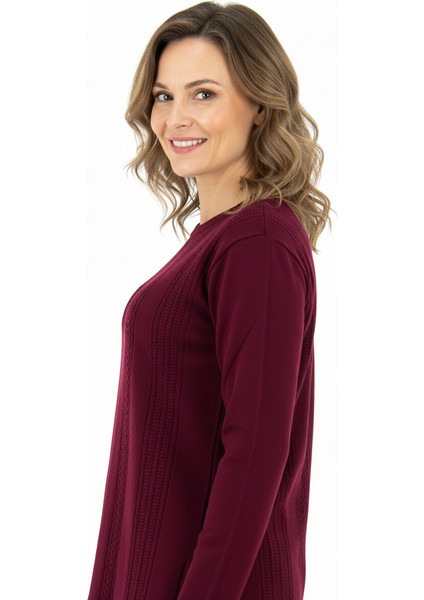 Kadın Kışlık Kendinden Motifli Yuvarlak Yaka Normal Kesim Likralı Pamuklu Kardelen Dokuma Anne Kazak modelleri