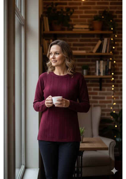 Kadın Kışlık Kendinden Motifli Yuvarlak Yaka Normal Kesim Likralı Pamuklu Kardelen Dokuma Anne Kazak fırsatları