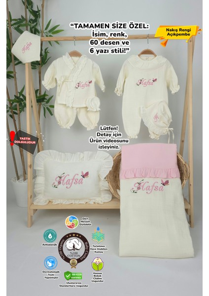 Müslin Yeni Doğan 4katlı Organik %100PAMUK Kişiye Özgü Nakışlı Hastane Çıkış Seti(Kelebekli Papatya)