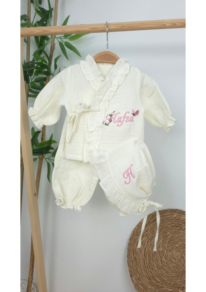 Müslin Yeni Doğan 4katlı Organik %100PAMUK Kişiye Özgü Nakışlı Hastane Çıkış Seti(Kelebekli Papatya) modelleri