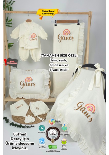 Müslin Yeni Doğan 4katlı Organik %100PAMUK Kişiye Özgü Nakışlı Hastane Çıkış Seti(Gökkuşağı Model-3)