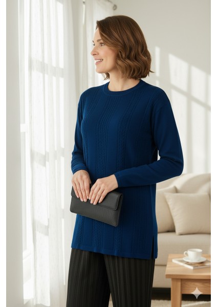 Kadın Kışlık Kendinden Motifli Yuvarlak Yaka Normal Kesim Likralı Pamuklu Kardelen Dokuma Anne Kazak fiyatları