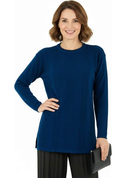 Kadın Kışlık Kendinden Motifli Yuvarlak Yaka Normal Kesim Likralı Pamuklu Kardelen Dokuma Anne Kazak fırsatları