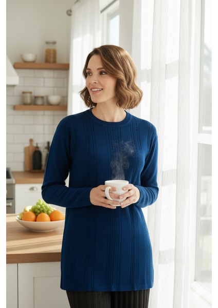 Kadın Kışlık Kendinden Motifli Yuvarlak Yaka Normal Kesim Likralı Pamuklu Kardelen Dokuma Anne Kazak indirimleri