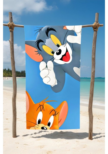 Kedi Fare Desenli Pamuk Plaj Havlusu – Desenli Tasarım – 75X150 cm