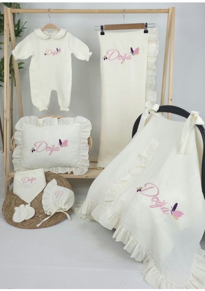 Müslin Yeni Doğan 4katlı Organik %100PAMUK Kişiye Özgü Nakışlı Hastane Çıkış Seti (Kelebek Model-1)