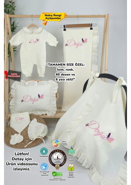 Müslin Yeni Doğan 4katlı Organik %100PAMUK Kişiye Özgü Nakışlı Hastane Çıkış Seti (Kelebek Model-1)