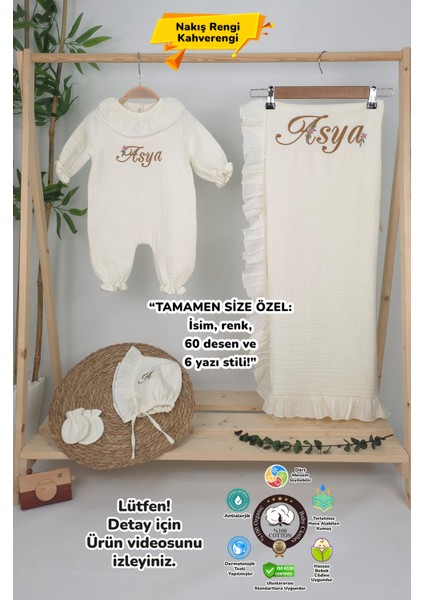 Müslin Yeni Doğan 4katlı Organik %100PAMUK Kişiye Özgü Nakışlı Hastane Çıkış Seti(Papatya Model-4)