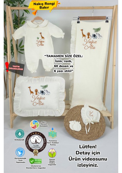 Müslin Yeni Doğan 4katlı Organik %100PAMUK Kişiye Özgü Nakışlı Hastane Çıkış Seti (Safari Model-3)