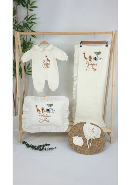 Müslin Yeni Doğan 4katlı Organik %100PAMUK Kişiye Özgü Nakışlı Hastane Çıkış Seti (Safari Model-3) fiyatları