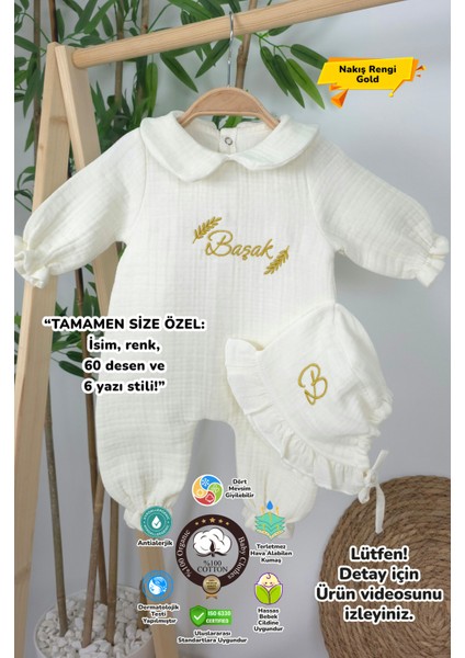 Müslin Yeni Doğan 4katlı Organik %100PAMUK Kişiye Özgü Nakışlı Hastane Çıkış Seti-Başak Model