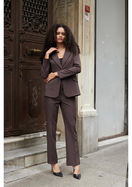 Kadın Yüksek Bel Alman Cepli Boru Paça Bacak Kısmı Rahat Hafif Esnek Kumaş Pantolon-Kahve