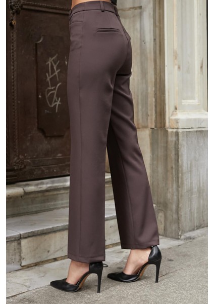 Kadın Yüksek Bel Alman Cepli Boru Paça Bacak Kısmı Rahat Hafif Esnek Kumaş Pantolon-Kahve fırsatları