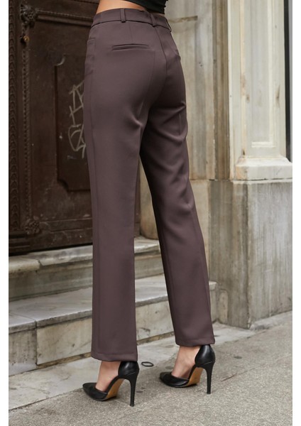 Kadın Yüksek Bel Alman Cepli Boru Paça Bacak Kısmı Rahat Hafif Esnek Kumaş Pantolon-Kahve indirimleri