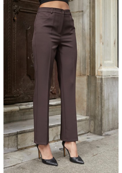 Kadın Yüksek Bel Alman Cepli Boru Paça Bacak Kısmı Rahat Hafif Esnek Kumaş Pantolon-Kahve modelleri