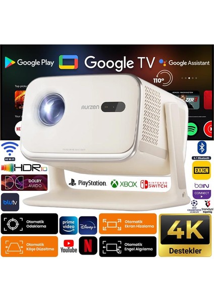 Aurzen Boom Mini Android Google Tv 4K Destekli Projeksiyon Cihazı +HDR10+TOF Auto Focus+Tof Auto Keystone+6g WIFI+6.1BT+20W Dolby Ses Sistemi+Ayarlanabilir Açılı Beyaz - Ps5/ps4/xbox/nıntendo
