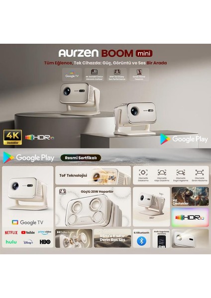 Aurzen Boom Mini Android Google Tv 4K Destekli Projeksiyon Cihazı +HDR10+TOF Auto Focus+Tof Auto Keystone+6g WIFI+6.1BT+20W Dolby Ses Sistemi+Ayarlanabilir Açılı Beyaz - Ps5/ps4/xbox/nıntendo fiyatları