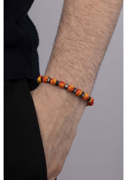 Sarı Kırmızı Tibet Akik Doğal Taş Erkek Bileklik