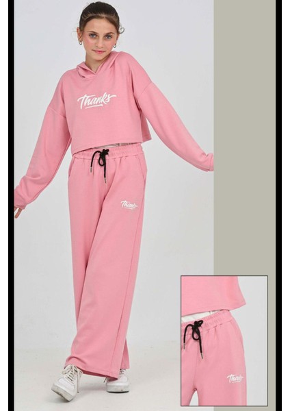 Kız Çocuk Oysho Kumaş Crop Tarz Kapüşonlu Geniş Paçalı Alt-Üst Takım 12295