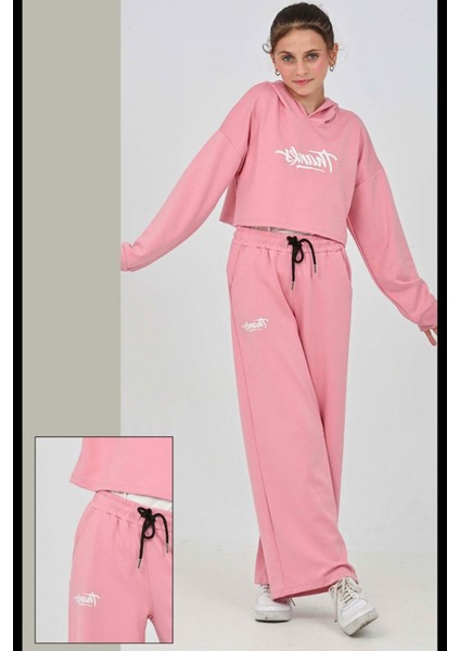 Kız Çocuk Oysho Kumaş Crop Tarz Kapüşonlu Geniş Paçalı Alt-Üst Takım 12295 modelleri
