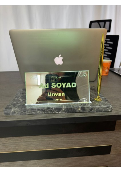 Isimlik Şarjlı Gerçek Mermer Ofis Seti - Type-C Destekli, Ayna - Kazımalı Isimlik ve Gold Kalem