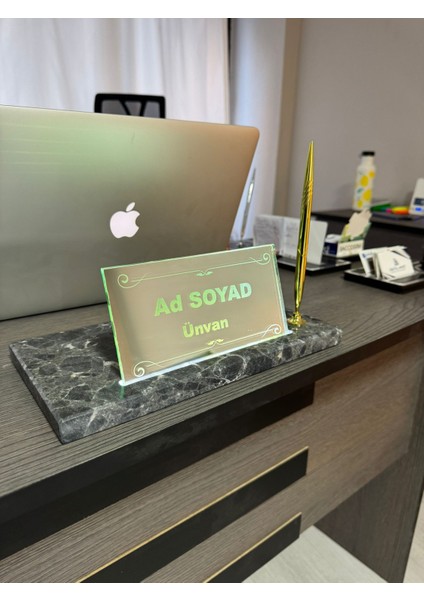 Isimlik Şarjlı Gerçek Mermer Ofis Seti - Type-C Destekli, Ayna - Kazımalı Isimlik ve Gold Kalem fiyatları