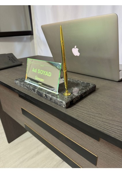 Isimlik Şarjlı Gerçek Mermer Ofis Seti - Type-C Destekli, Ayna - Kazımalı Isimlik ve Gold Kalem modelleri