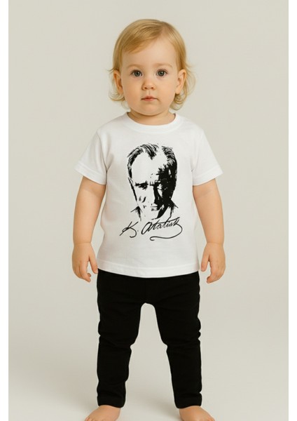 Atatürk Baskılı Unisex Bebek Tişört | %100 Pamuk | Bisiklet Yaka | Beyaz